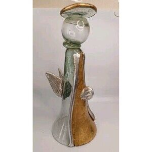 Vintage Art Glass Angel Handblown Clear Gold Silver Glass 12" Primitive